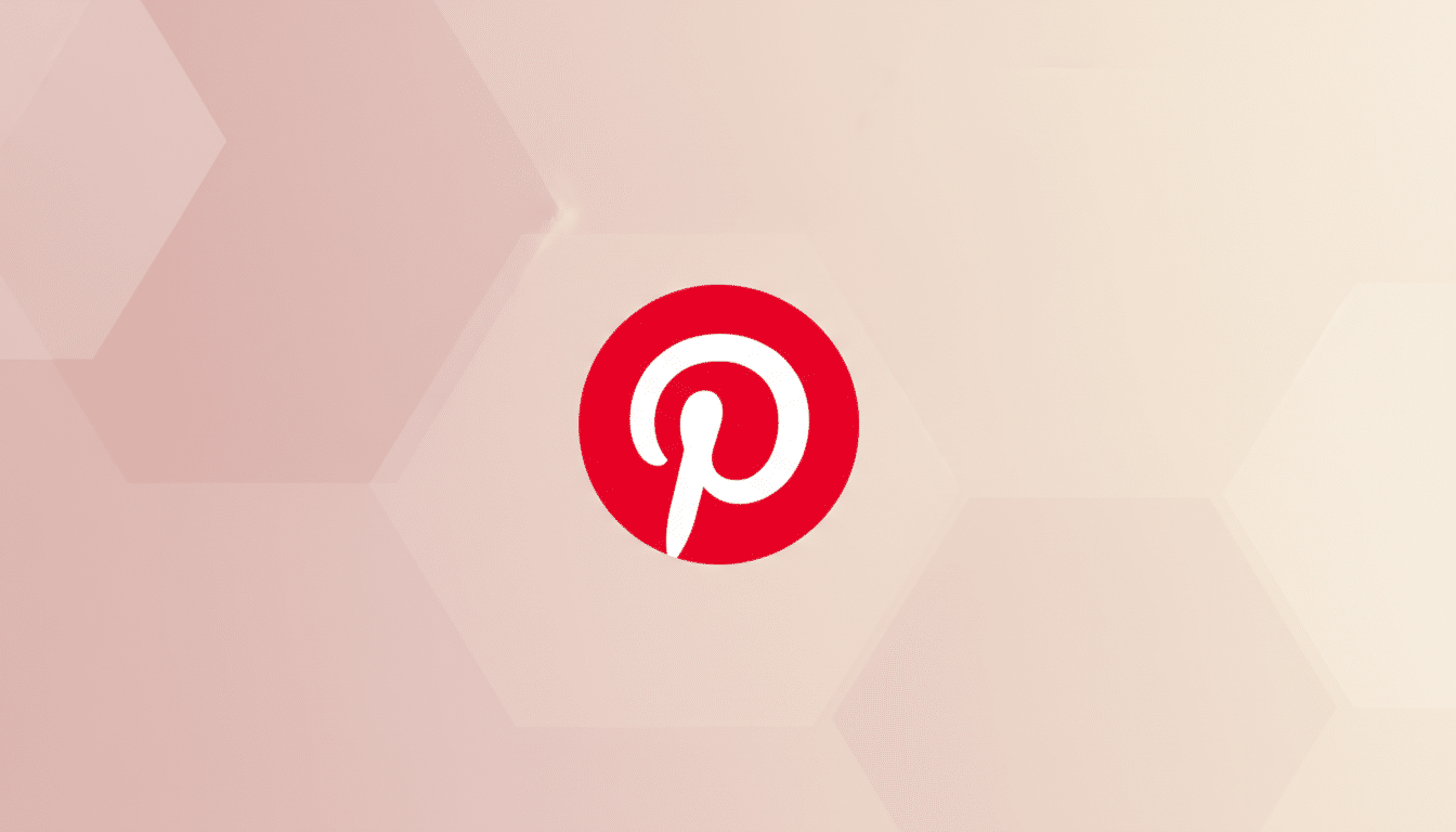 The Pinterest logo, a white stylized P inside a red circle, centered on a professional flat design background with soft, light pink and white hexagonal patterns and a subtle gradient.