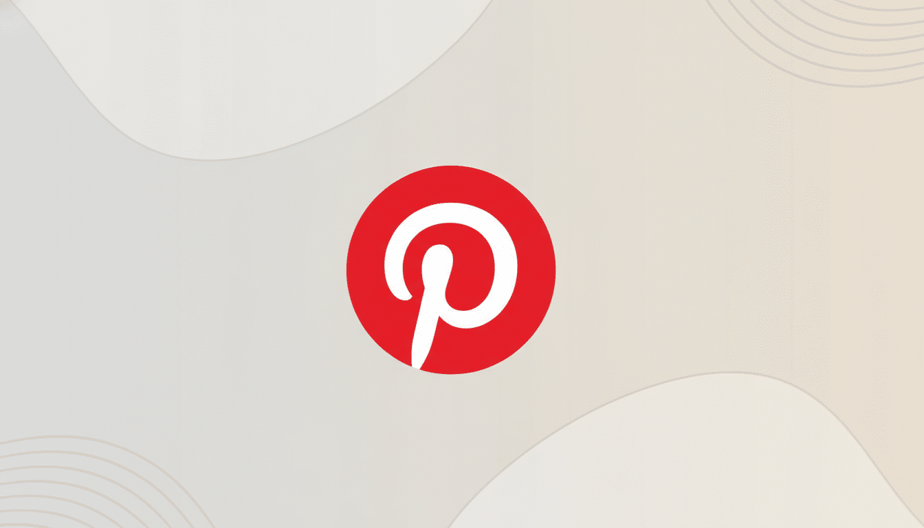 The Pinterest logo, a white stylized P inside a red circle, centered on a professional flat design background with soft gray and beige gradients and subtle wavy patterns.