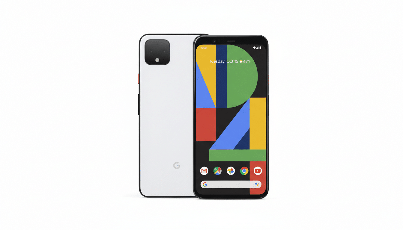 A white Google Pixel 4 smartphone is shown from the front and back, with the front display showing the date, temperature, and app icons.