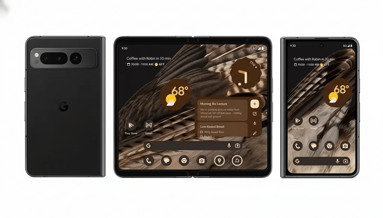 A 16:9 aspect ratio image showing three Google Pixel phones: a Pixel 7 Pro on the left, a Pixel Fold opened in the center, and a Pixel Fold closed on the right.