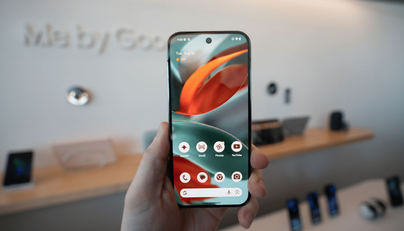 A hand holding a smartphone with a vibrant wallpaper and app icons, resized to a 16:9 aspect ratio.