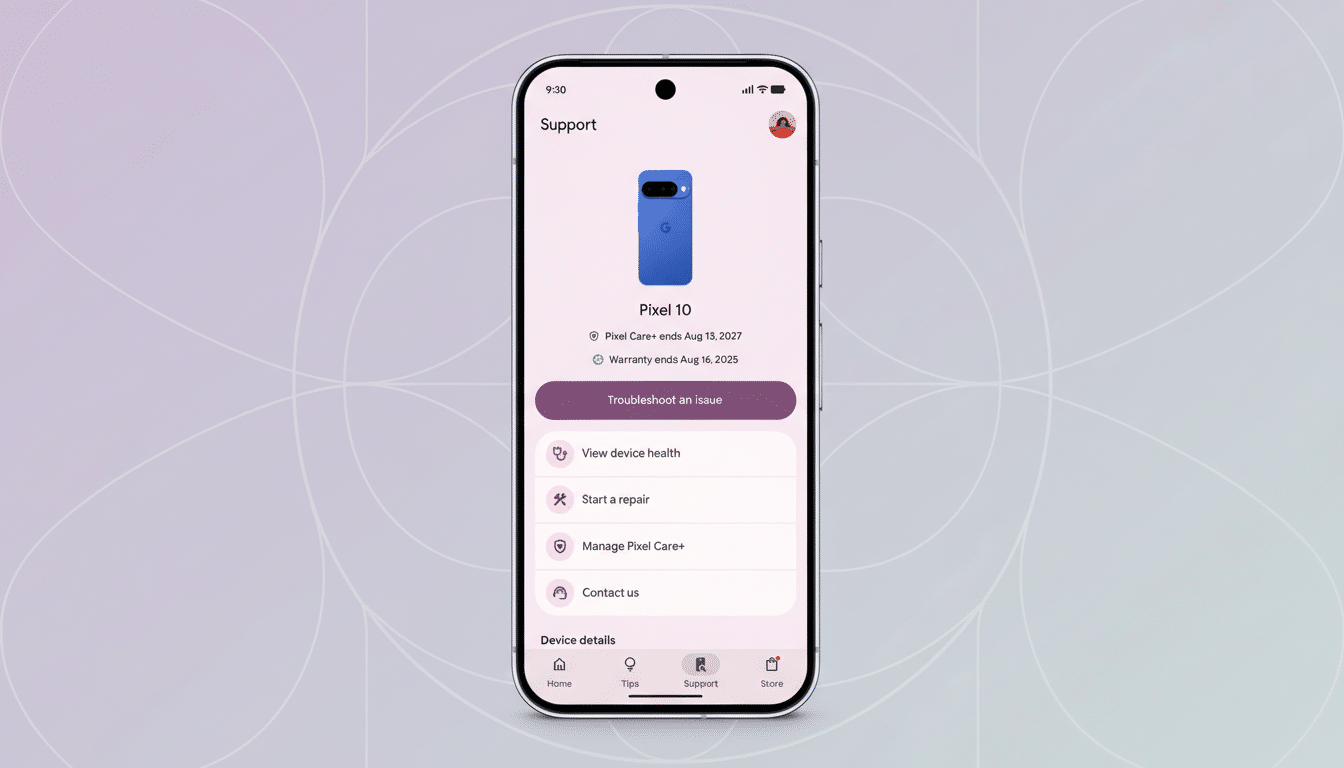 A smartphone displaying the Google Pixel 10 support screen, with a blue Pixel 10 phone shown at the top. The screen shows options for troubleshooting, device health, repairs, managing Pixel Care+, and contacting support. The background is a professional flat design with soft patterns and gradients.