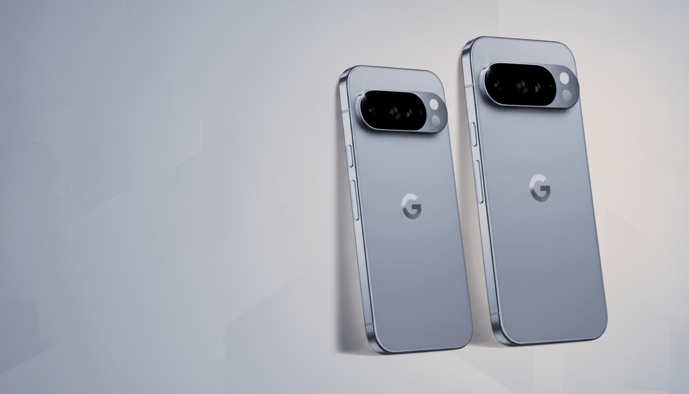 Two silver smartphones with a prominent camera bar and a G logo on the back, set against a professional flat design background with soft patterns and gradients.
