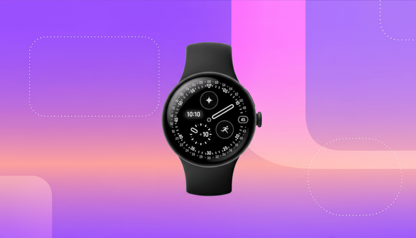A black smartwatch with a circular face displaying time and fitness icons, set against a professional gradient background of purple and orange hues.