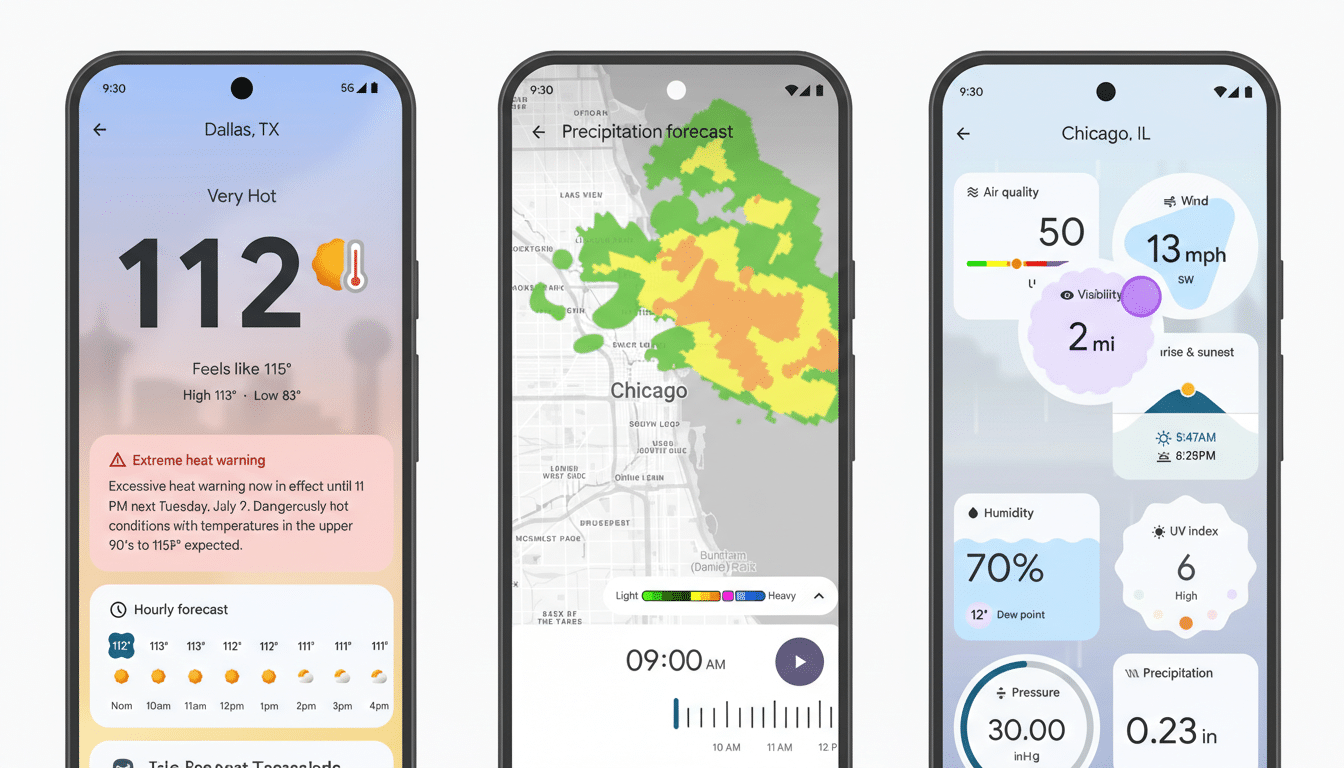 Three smartphone screens displaying weather information. The first screen shows a temperature of 112 degrees Fahrenheit with an extreme heat warning. The second screen displays a precipitation forecast map of Chicago. The third screen shows detailed weather metrics for Chicago, including air quality, wind, humidity, UV index, pressure, and precipitation.