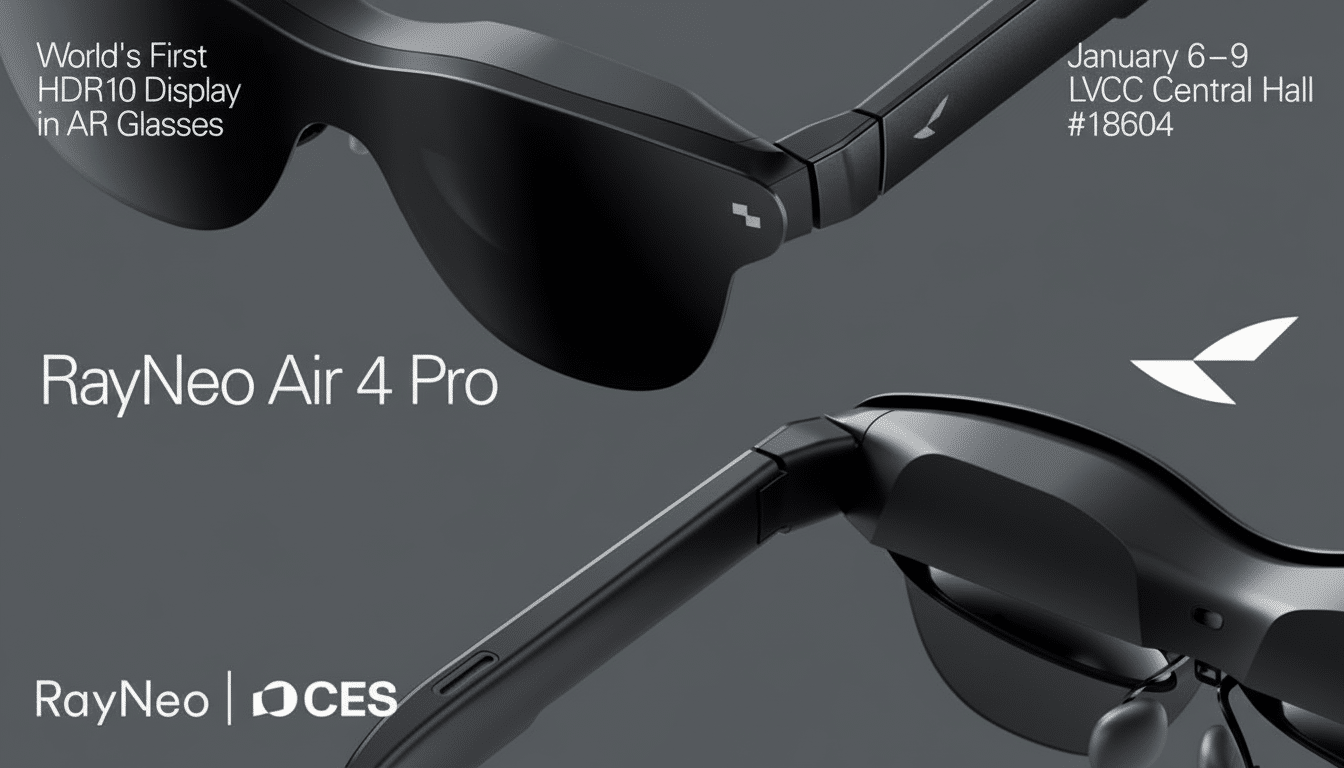 A pair of black RayNeo Air 4 Pro AR glasses with text overlaying the image.