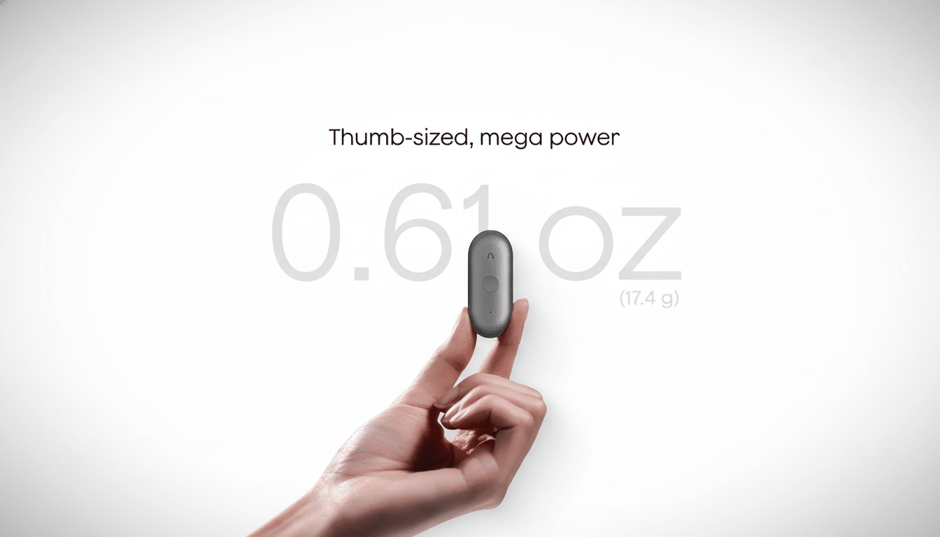 A hand holding a small, gray, oval-shaped device, with text Thumb-sized, mega power and 0.61 oz (17.4 g) on a white background, resized to a 16:9 aspect ratio.