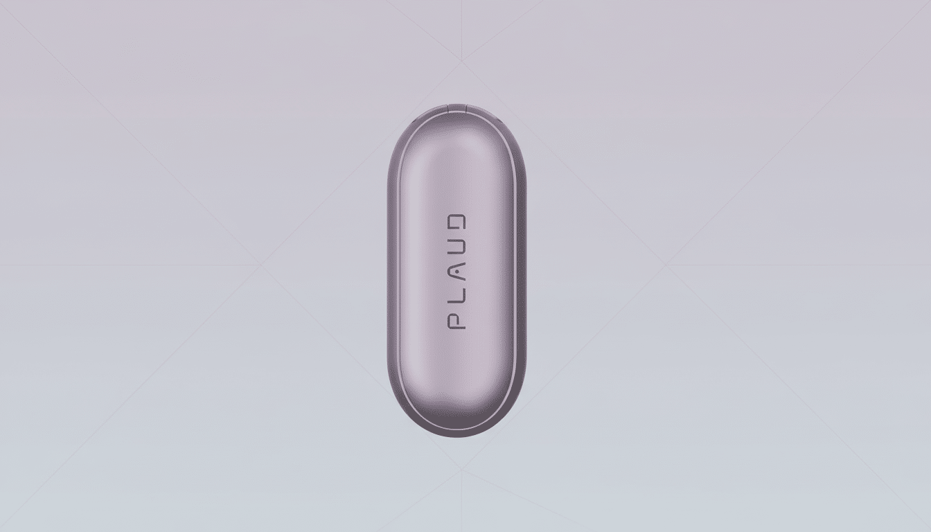 A sleek, lavender-colored, pill-shaped device with the word PLAUD embossed vertically on its surface, set against a professional light gray background with subtle geometric patterns.