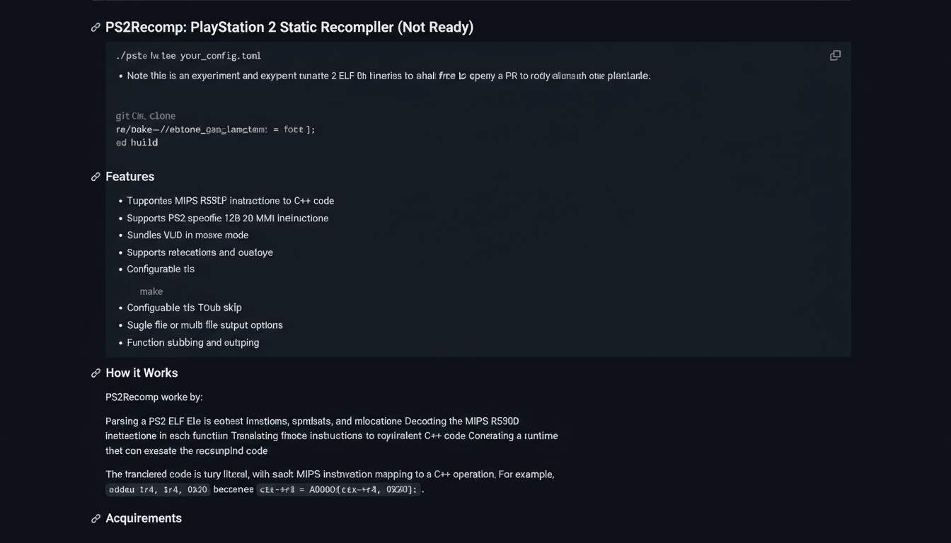 A screenshot of a document titled PS2Recomp: PlayStation 2 Static Recompiler (Not Ready) with sections on features, how it works, requirements, building, usage, configuration, example configuration, runtime, limitations, and acknowledgments.