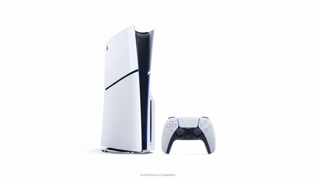 A white PlayStation 5 console stands vertically next to a white DualSense controller, both against a clean white background.
