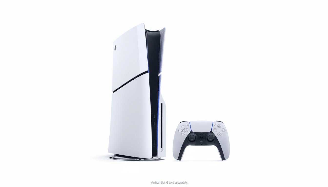 A white PlayStation 5 console stands vertically next to a white DualSense controller, both against a clean white background.