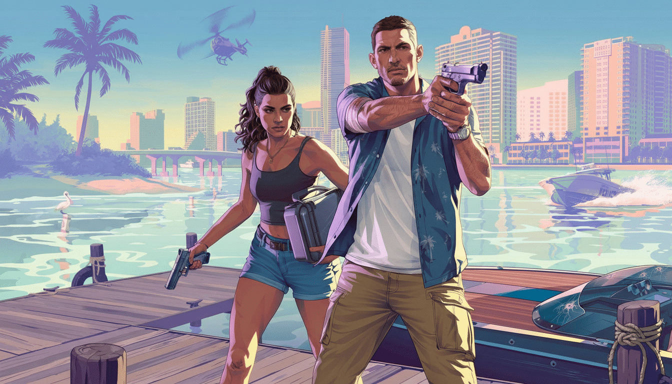 An enhanced image of two characters from Grand Theft Auto VI, Lucia and Jason, standing on a dock with guns drawn, set against a vibrant Vice City skyline.