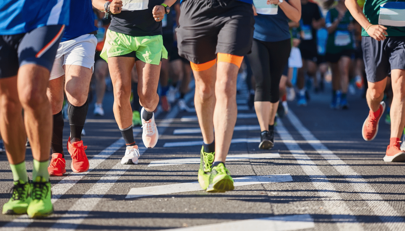 A group of runners participating in a race, with a focus on their legs and feet as they move along a paved road with white markings.
