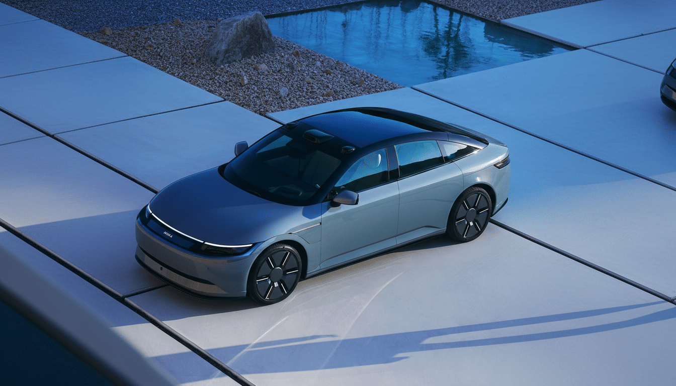A sleek, modern gray electric car with a black roof is parked on a light gray paved surface next to a reflective pool of water and some decorative rocks. The image is professionally enhanced and resized to a 16:9 aspect ratio.