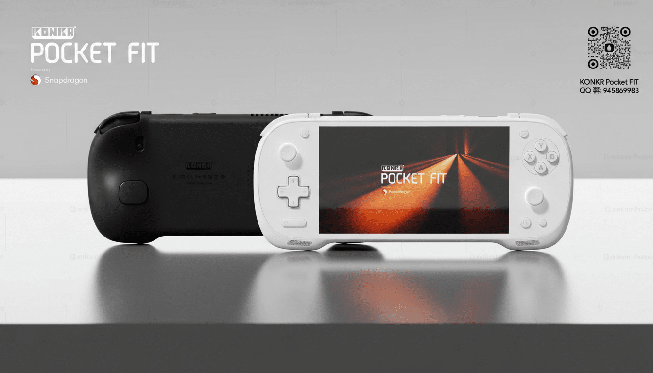 A white and black KONKR Pocket Fit handheld gaming device is displayed on a reflective surface, with the white device in the foreground and the black device behind it. The screen of the white device shows a bright, abstract orange and black image. The background is a clean, professional flat design with soft patterns.