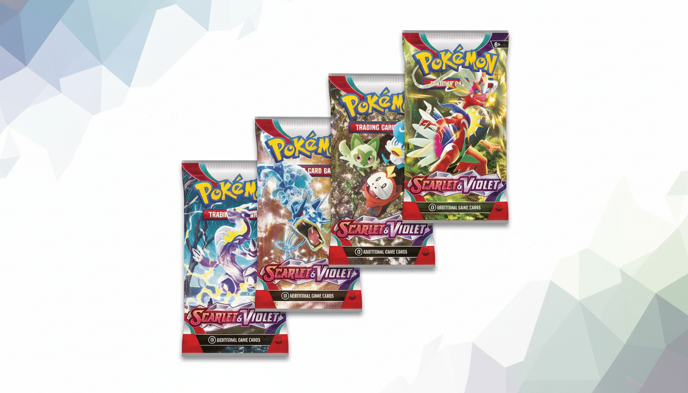 Four Pokémon Scarlet & Violet trading card packs are arranged diagonally on a white background with a subtle geometric pattern.