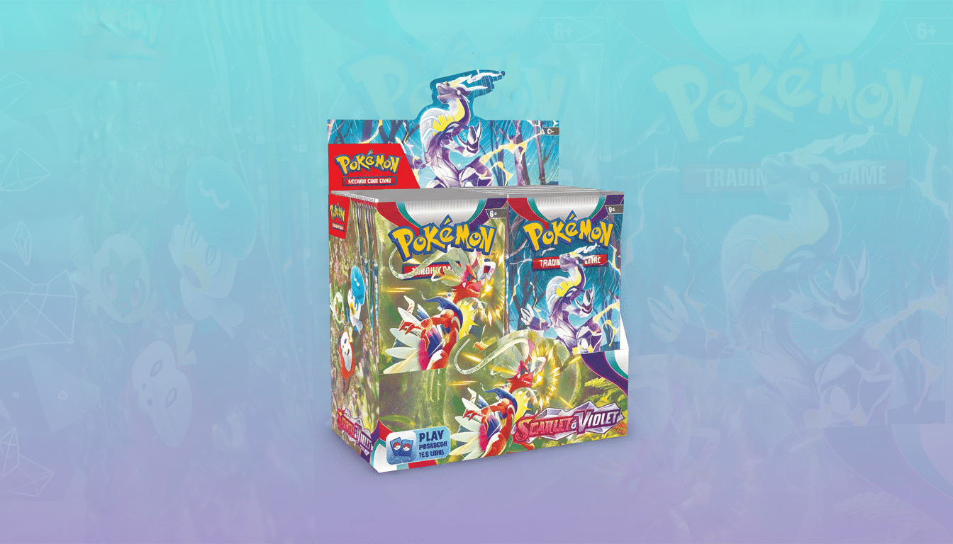 A display box of Pokémon Scarlet & Violet trading card game booster packs, presented on a professional flat design background with soft patterns and gradients.