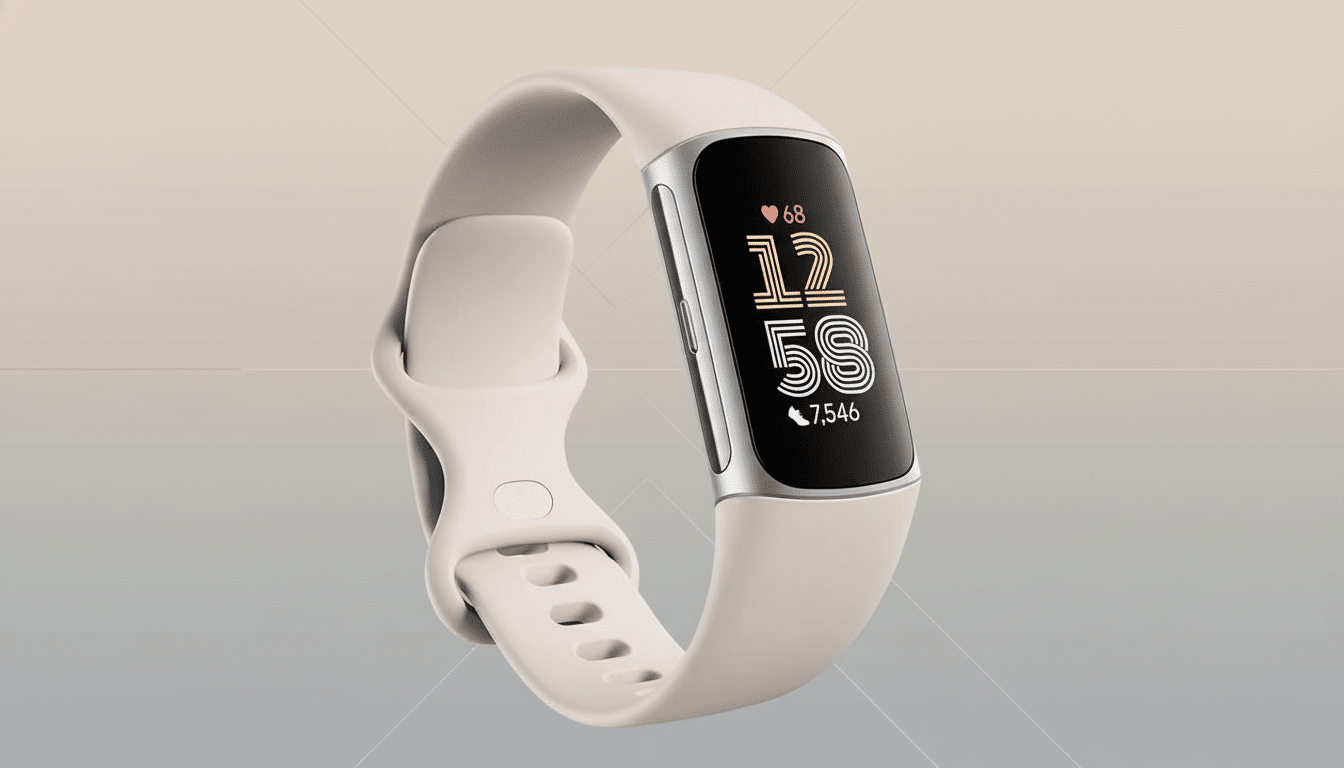 A Fitbit Charge 5 fitness tracker with a light beige band and a silver-colored frame, displaying the time as 12:58, a heart rate of 68, and 7,546 steps, set against a professional flat background with a soft gradient.