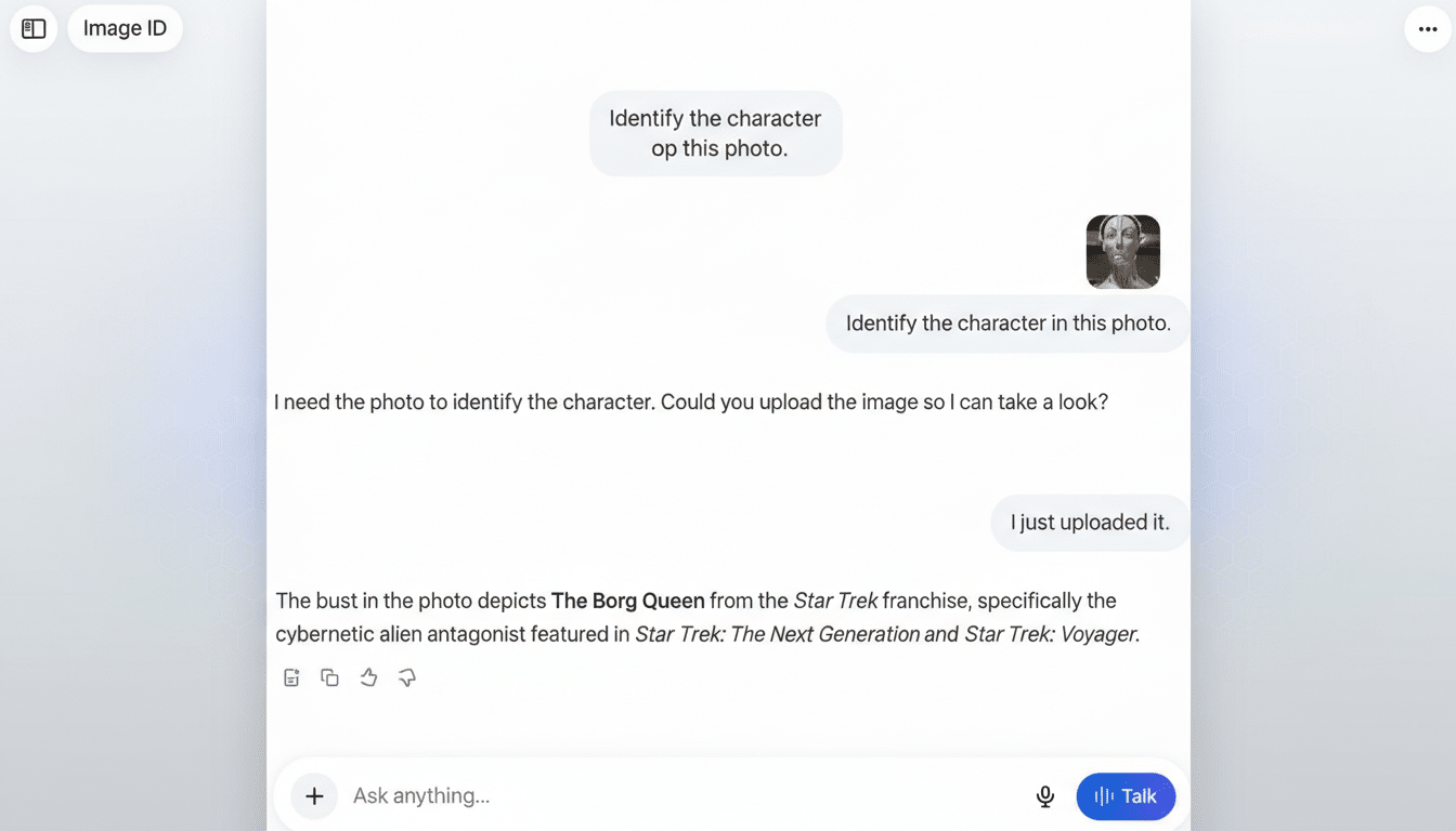 A screenshot of a chat interface showing a conversation about identifying a character from an uploaded image. The image shows a bust of the Borg Queen from Star Trek.