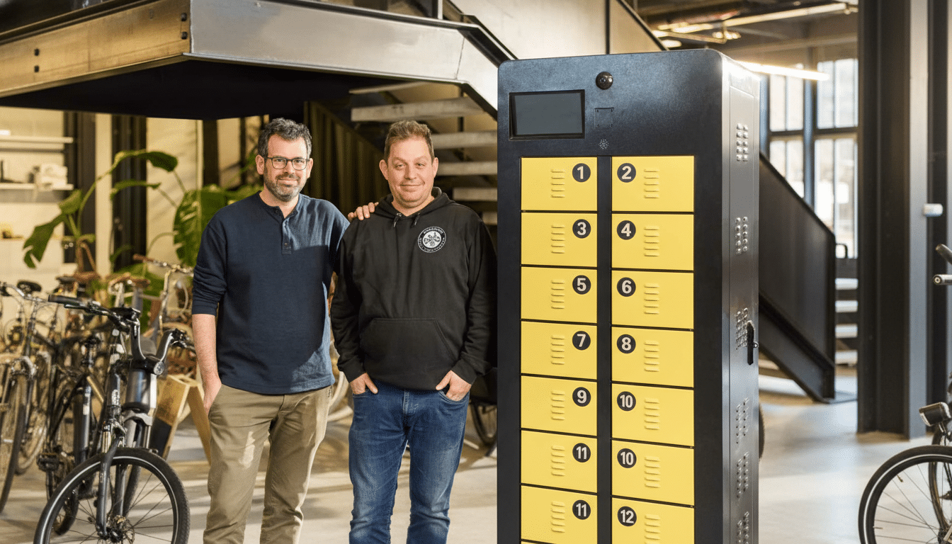 Two men standing next to a black and yellow locker system, with bicycles in the background.