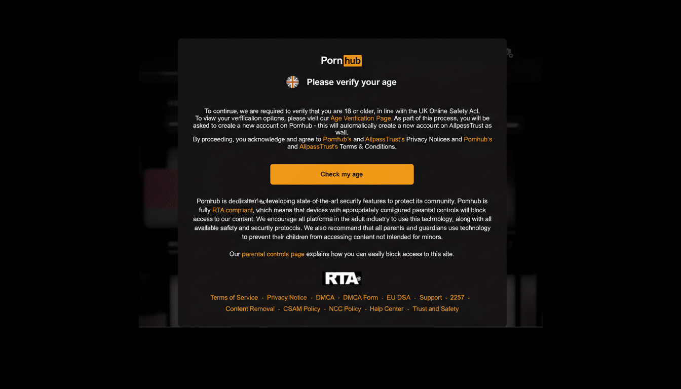 A screenshot of a websites age verification page, with a dark background and text in white and orange. The page asks users to verify they are 18 or older to comply with the UK Online Safety Act.