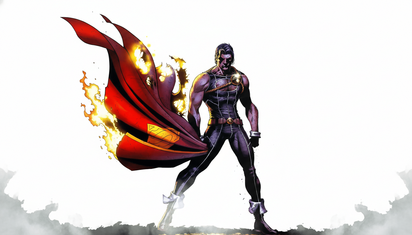 A superhero-like character with dark hair and a muscular build, wearing a dark suit with a golden emblem on the chest and a flowing red cape that appears to be on fire at the edges. The character stands in a dynamic pose against a white background with subtle smoke effects at the bottom.