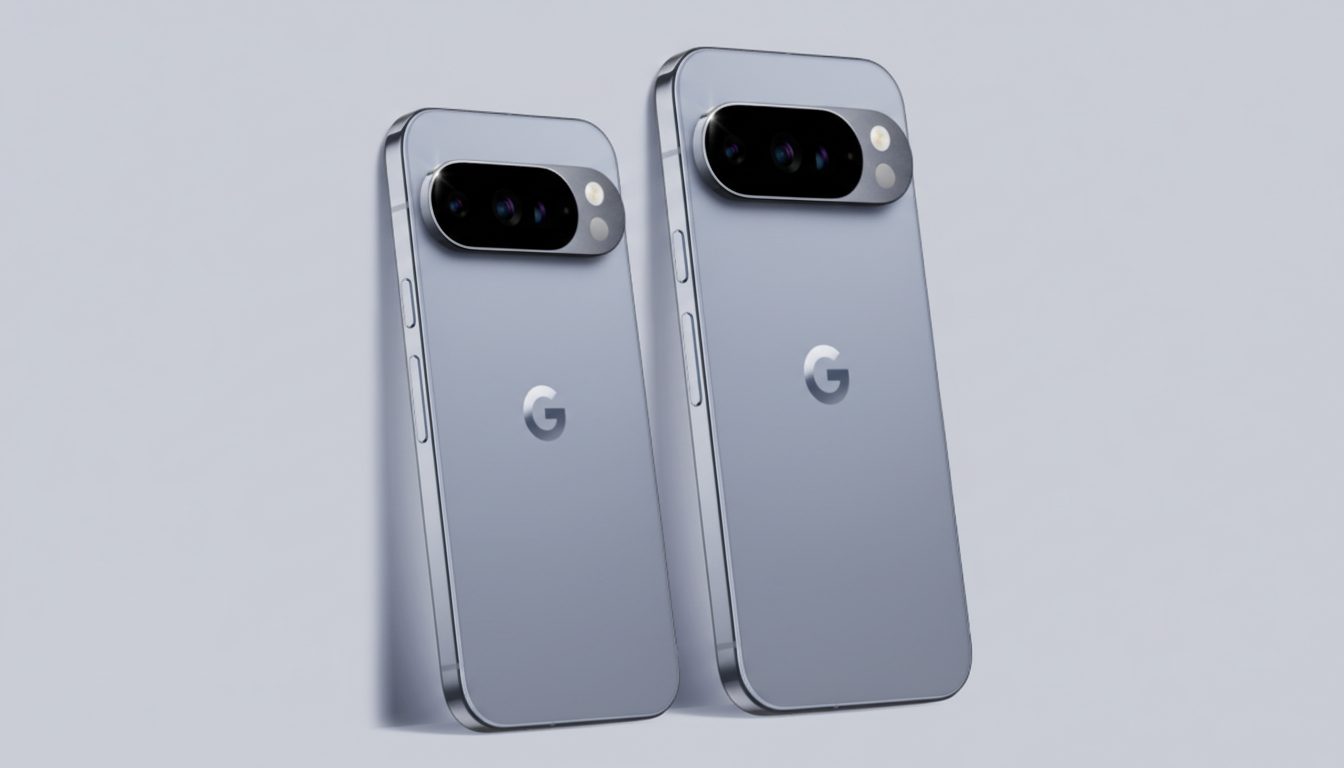 Two light blue Google Pixel phones are shown from the back, angled slightly, with their camera bars visible. The phone on the right is slightly larger than the one on the left.