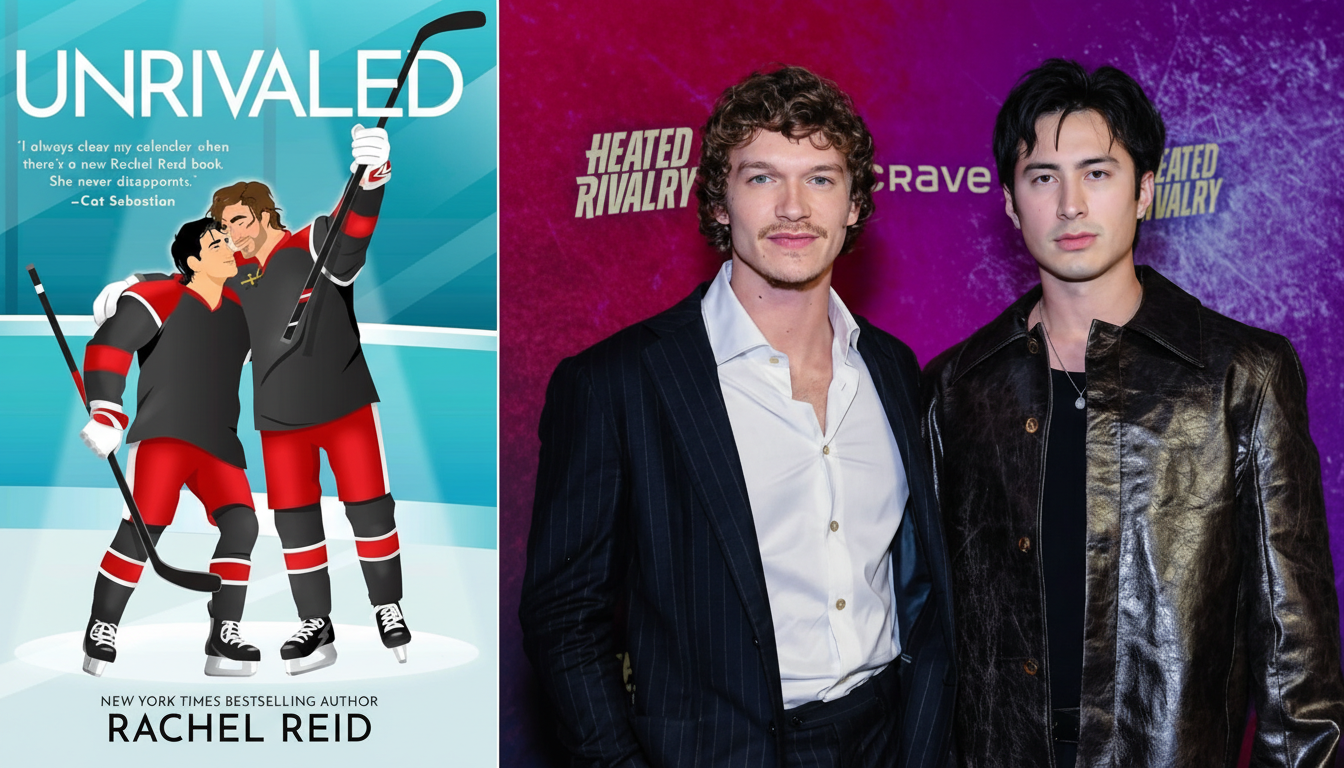 A 16:9 aspect ratio image featuring the book cover of Unrivaled by Rachel Reid on the left, depicting two hockey players, and on the right, a photo of two men, one with curly hair in a suit and the other with dark hair in a leather jacket, standing in front of a Heated Rivalry backdrop.
