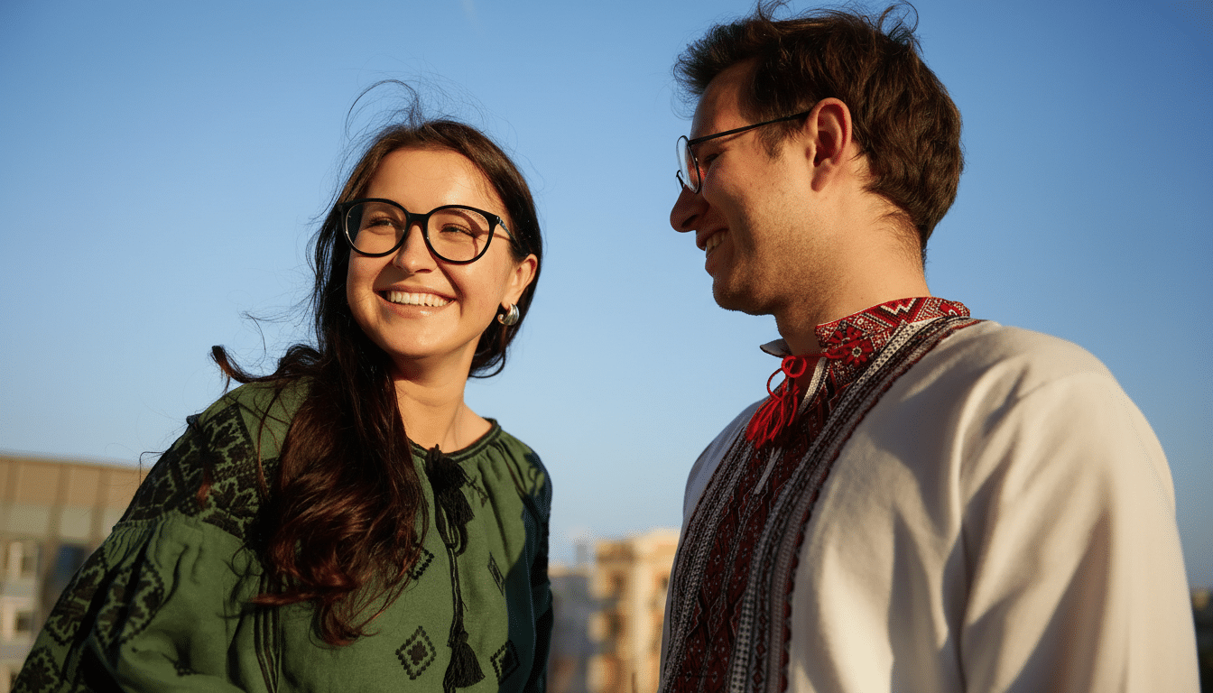 A smiling woman in a green embroidered shirt and glasses looks to her left, while a man in a white embroidered shirt and glasses looks at her, both against a clear blue sky.