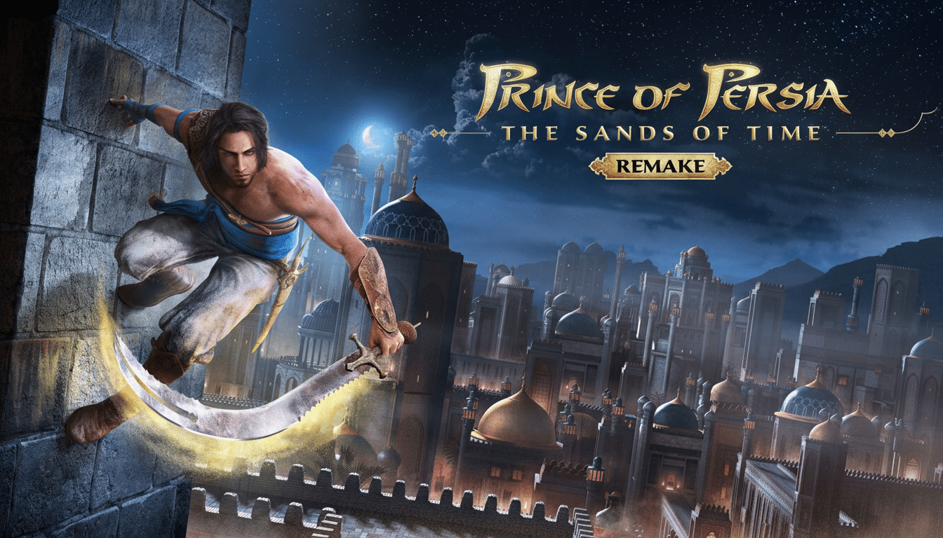 The Prince of Persia, a male figure with dark hair and a sword, scaling a stone wall with a city of domes and minarets under a starry, moonlit sky in the background. The game title Prince of Persia The Sands of Time Remake is prominently displayed.