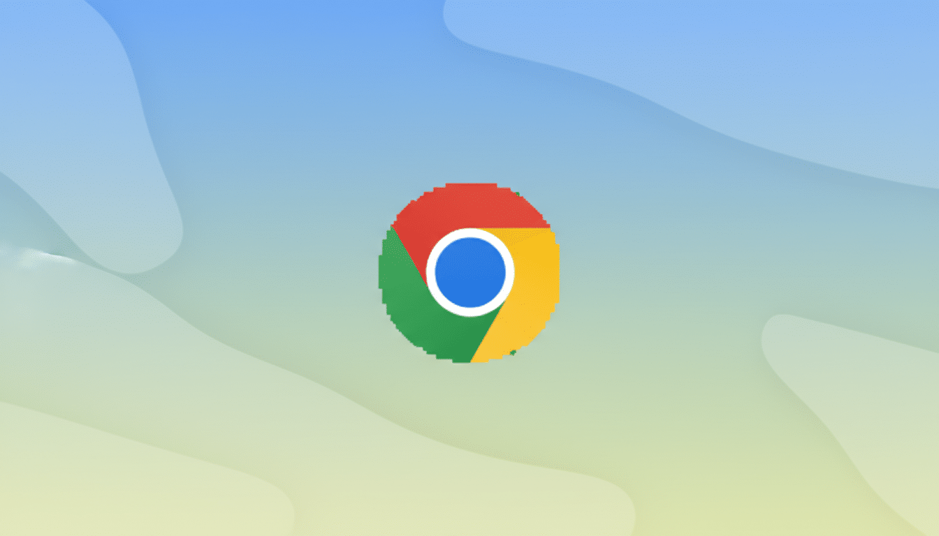 The Google Chrome logo centered on a professional flat design background with soft blue and yellow gradients and subtle wave patterns.