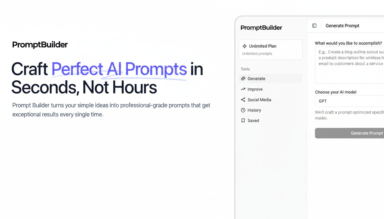 A screenshot of the PromptBuilder application interface, showcasing its main features and a prompt generation section.