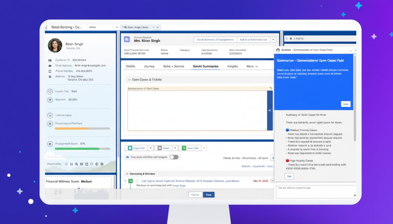 A computer screen displaying a banking application interface with customer details, account information, and AI-generated summaries of open cases.