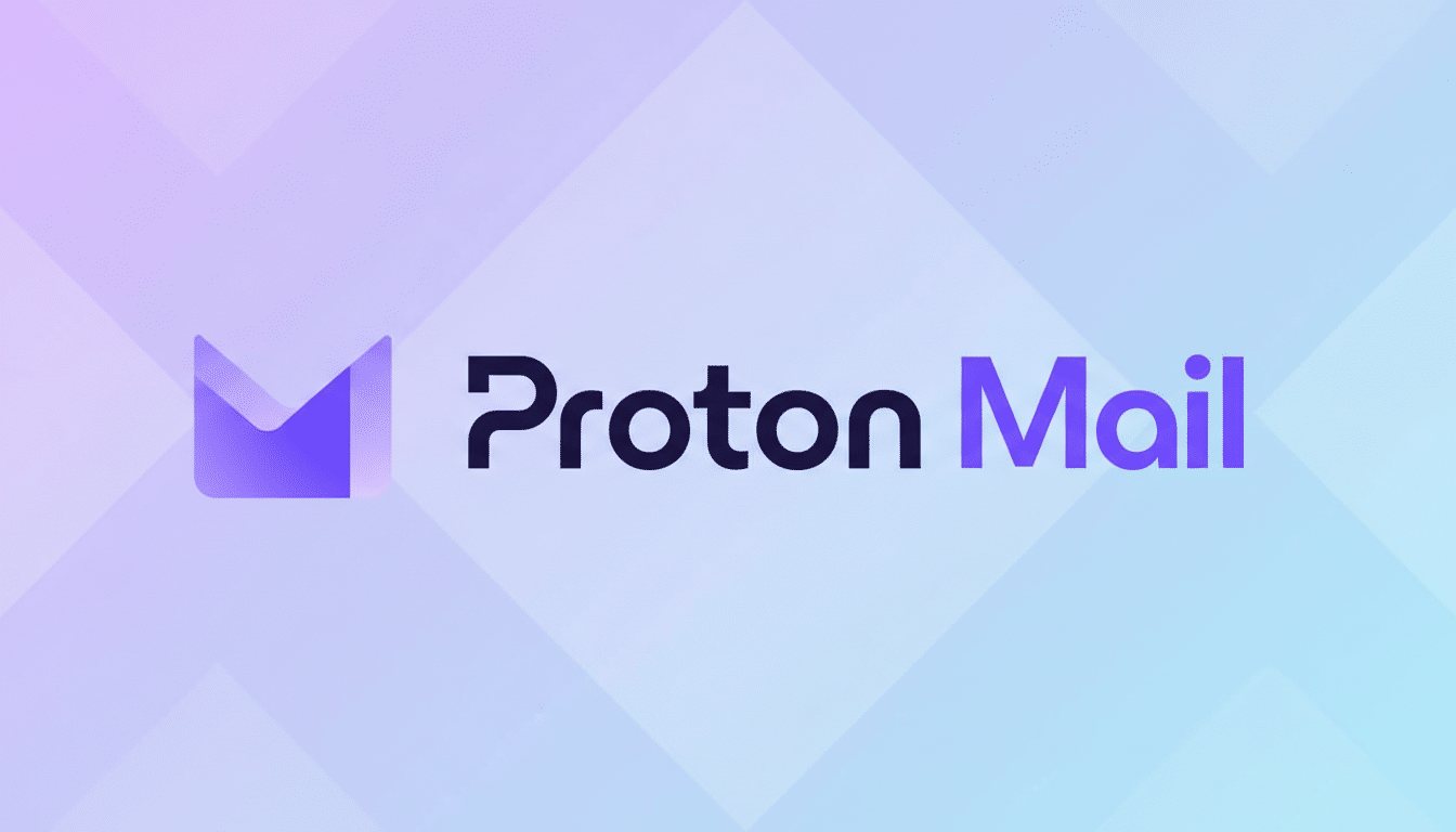 The Proton Mail logo, featuring a purple envelope icon and the words Proton Mail in dark gray and purple, set against a professional flat design background with soft purple and blue gradients and subtle geometric patterns.