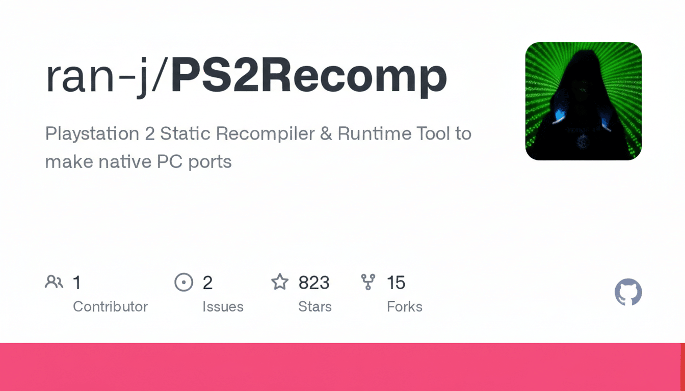 A GitHub repository page for ran-j/PS2Recomp with a description about a Playstation 2 Static Recompiler & Runtime Tool. The page shows statistics for contributors, issues, stars, and forks.