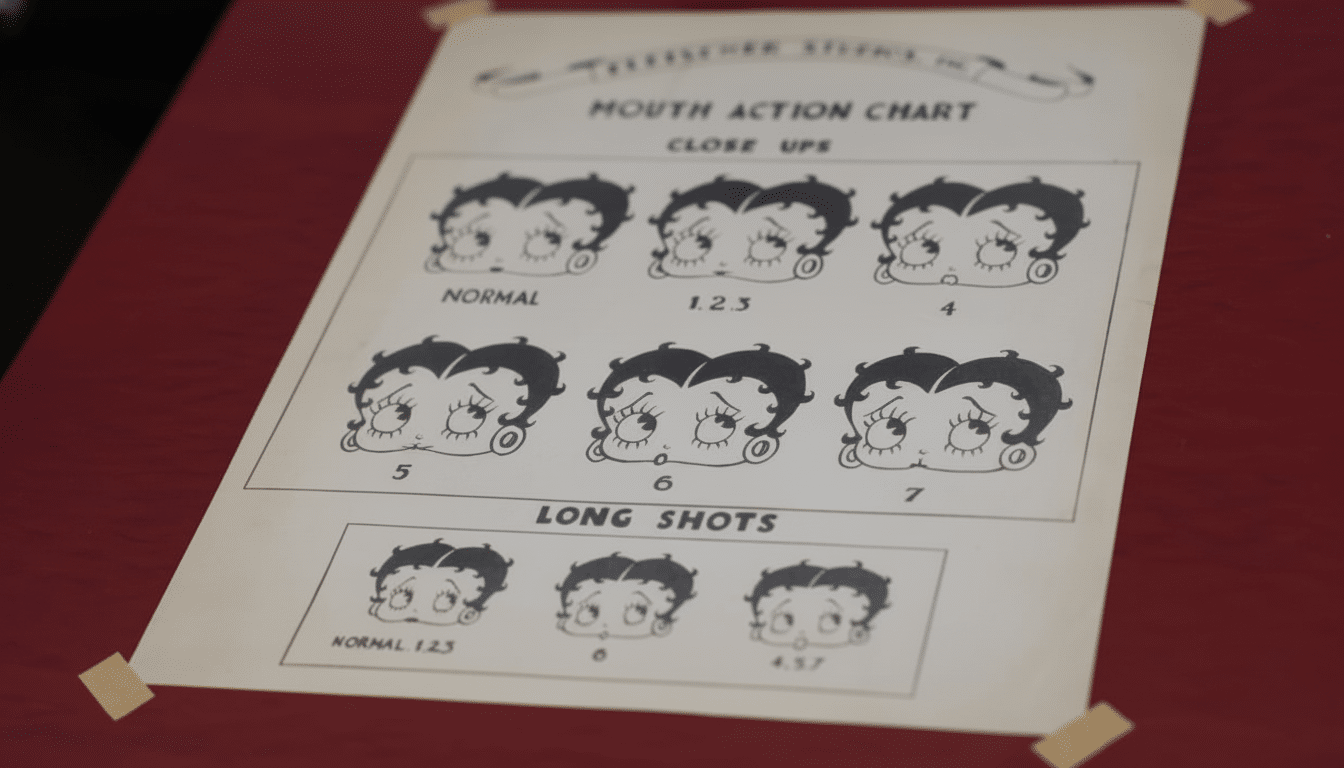 A vintage Mouth Action Chart for Betty Boop, showing various facial expressions for close-ups and long shots, taped to a red surface.