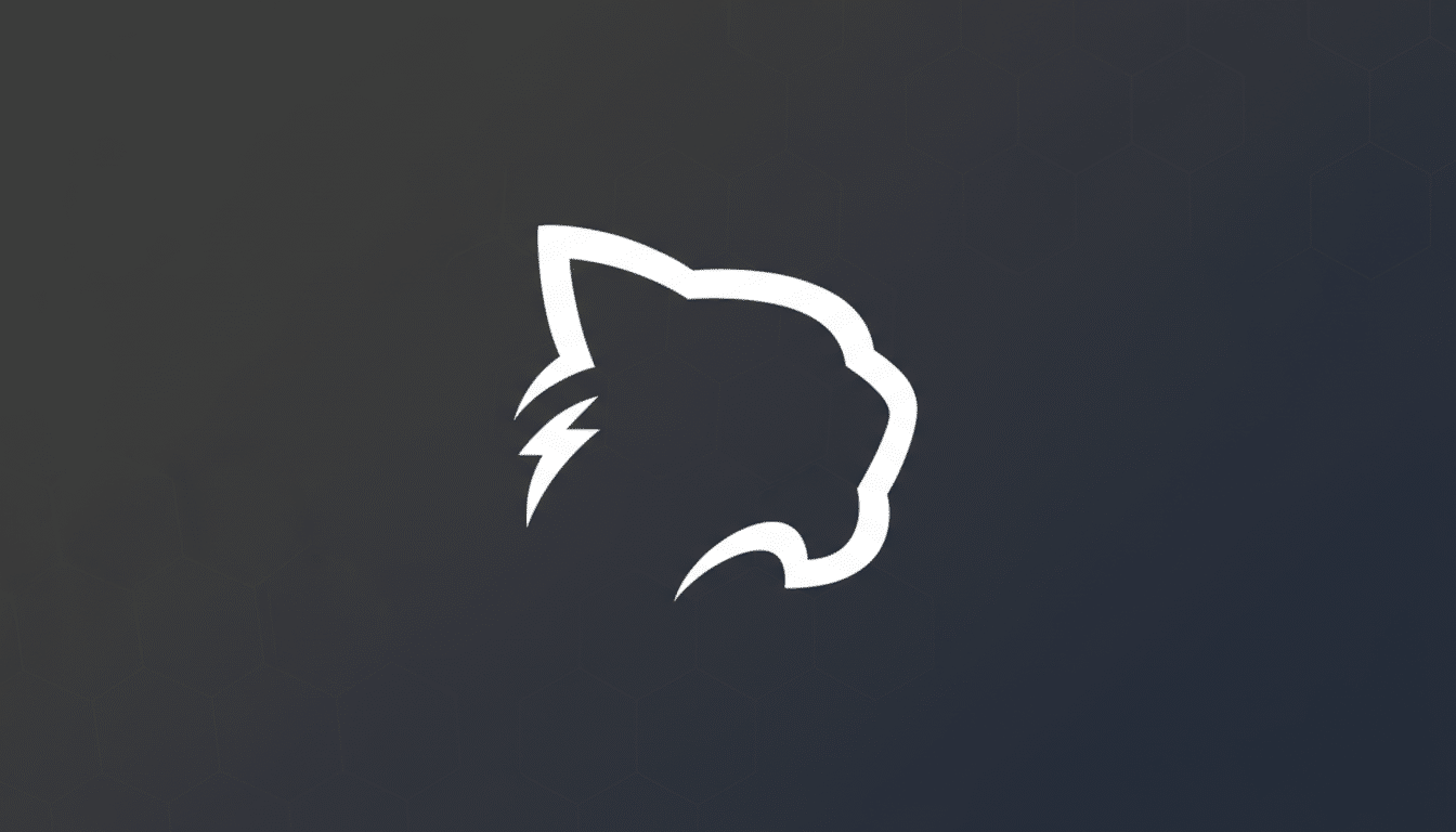 A white stylized cat head logo with a lightning bolt design on its cheek, set against a dark gray background with a subtle hexagonal pattern.