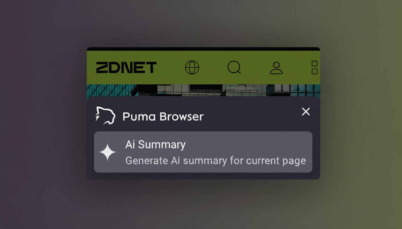 A screenshot of the ZDNET website with a Puma Browser pop-up window open, displaying an AI Summary feature.