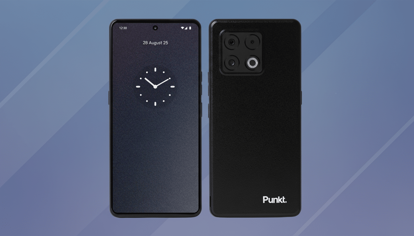 A black Punkt. phone displayed from the front and back, set against a professional blue and grey gradient background with subtle diagonal lines.