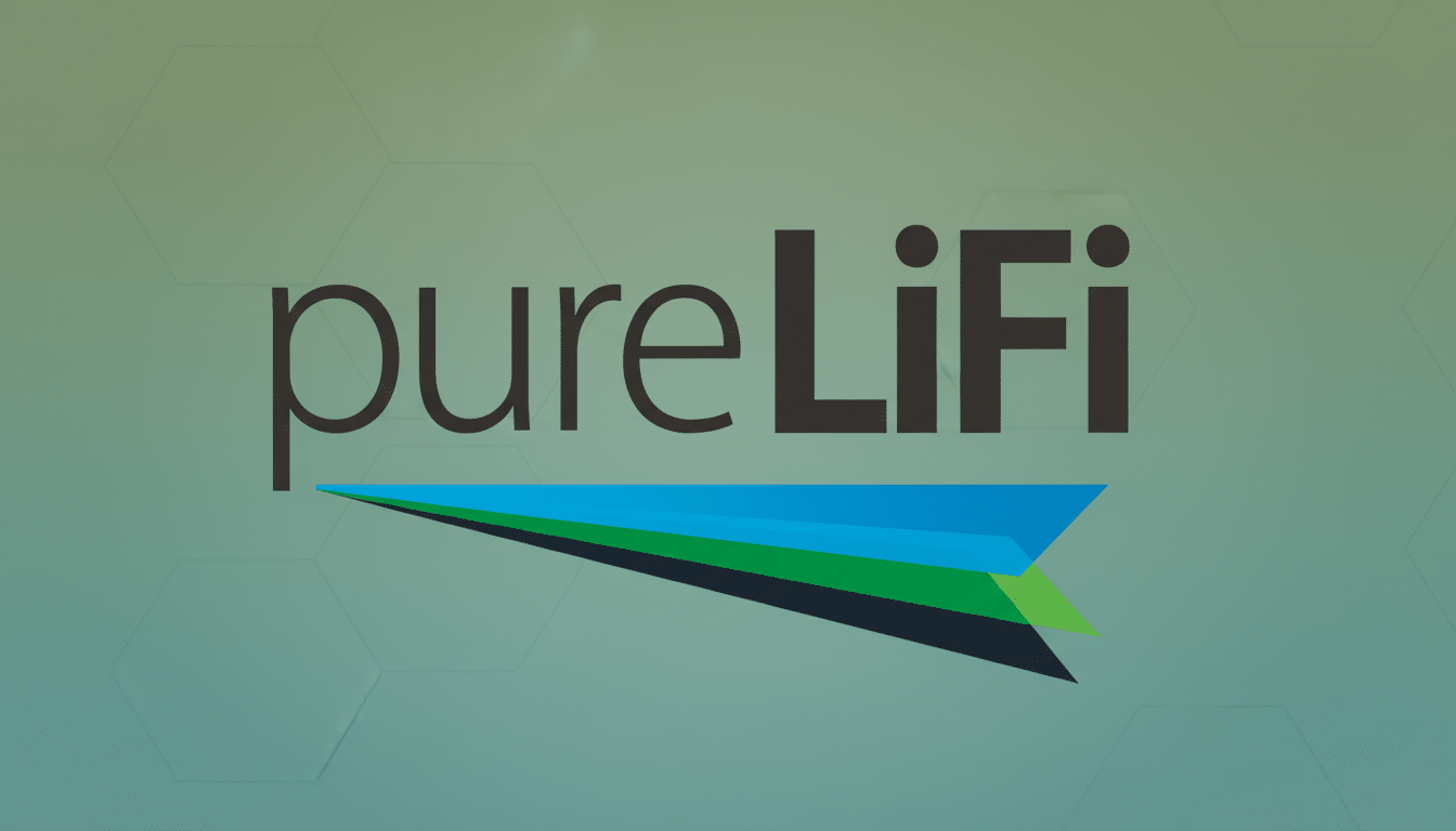 The PureLiFi logo, featuring the word pureLiFi in dark gray text, with a stylized arrow composed of blue, green, and dark gray triangles pointing to the right, set against a professional flat design background with soft hexagonal patterns and a gradient from light green to olive green.