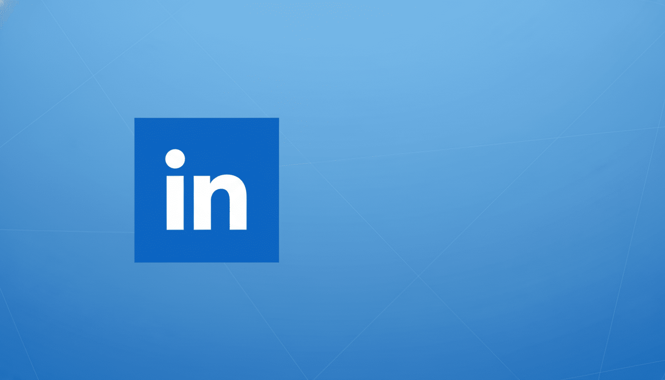 The LinkedIn logo, a white in on a blue square, centered on a professional blue background with subtle geometric patterns.