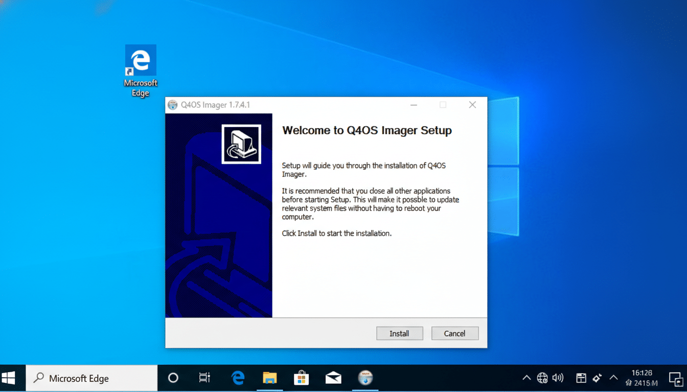 A screenshot of the Q4OS Imager Setup window on a Windows desktop, resized to a 16:9 aspect ratio. The setup window displays a welcome message and instructions for installing Q4OS Imager, with Install and Cancel buttons at the bottom. The desktop background and icons remain unchanged.