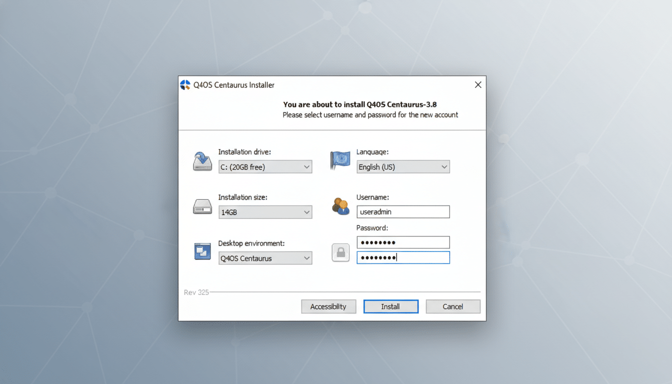 A screenshot of the Q4OS Centaurus Installer window, resized to a 16:9 aspect ratio with a professional flat design background featuring soft patterns. The installer window shows fields for installation drive, language, installation size, username, password, and desktop environment, with an Install button highlighted.