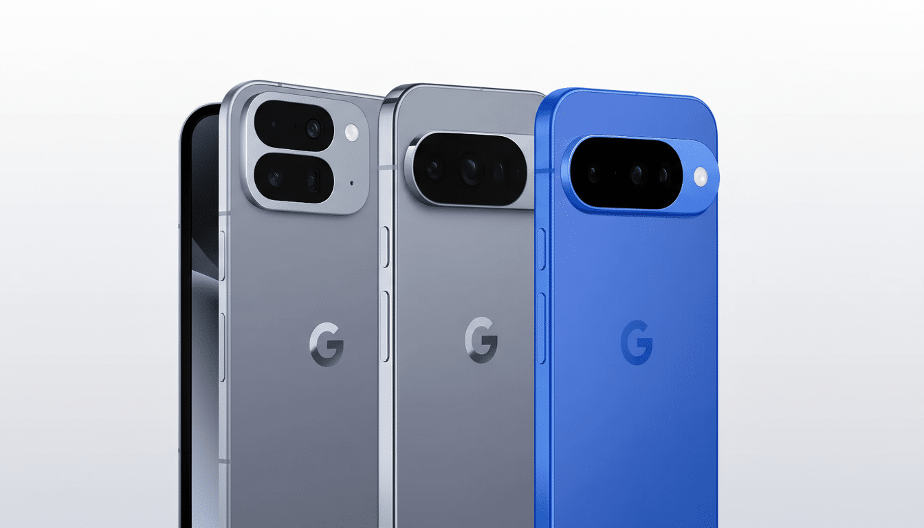 Three smartphones, one blue and two gray, are displayed in a row against a clean white background. The blue phone is on the right, and the two gray phones are to its left. All phones feature a prominent G logo on their backs.