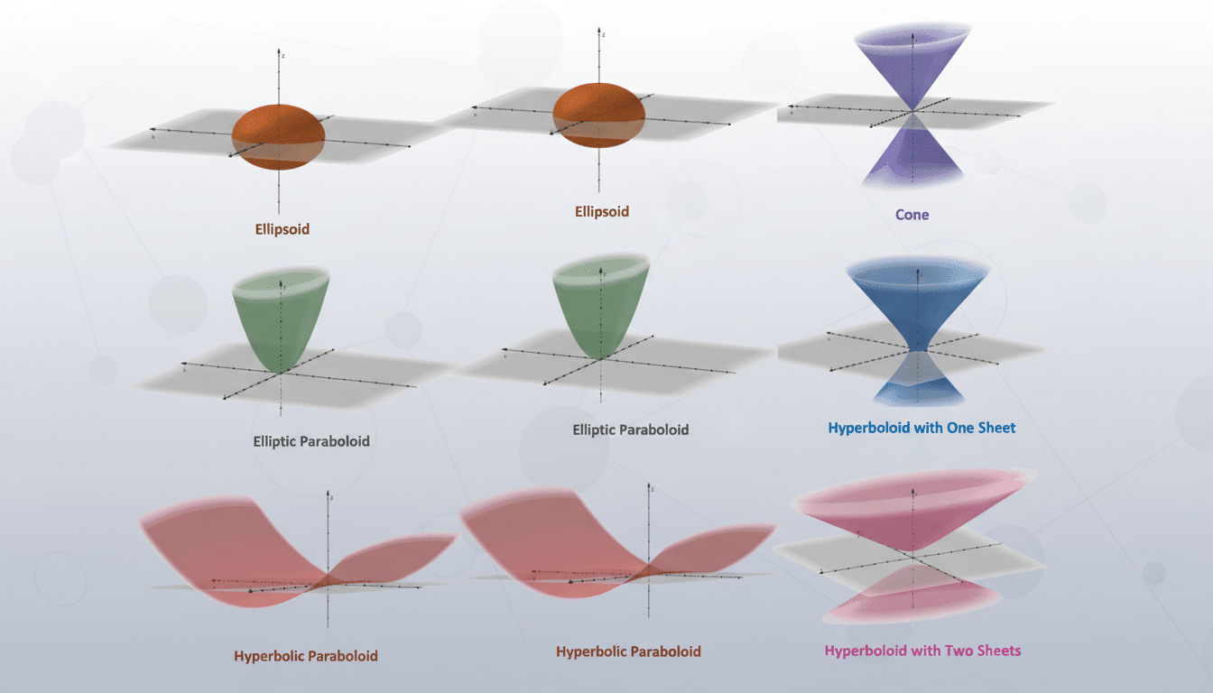 A 16:9 aspect ratio image showcasing various 3D geometric shapes, including an ellipsoid, cone, elliptic paraboloid, hyperboloid with one sheet, hyperbolic paraboloid, and hyperboloid with two sheets, presented on a professional flat design background with soft patterns.