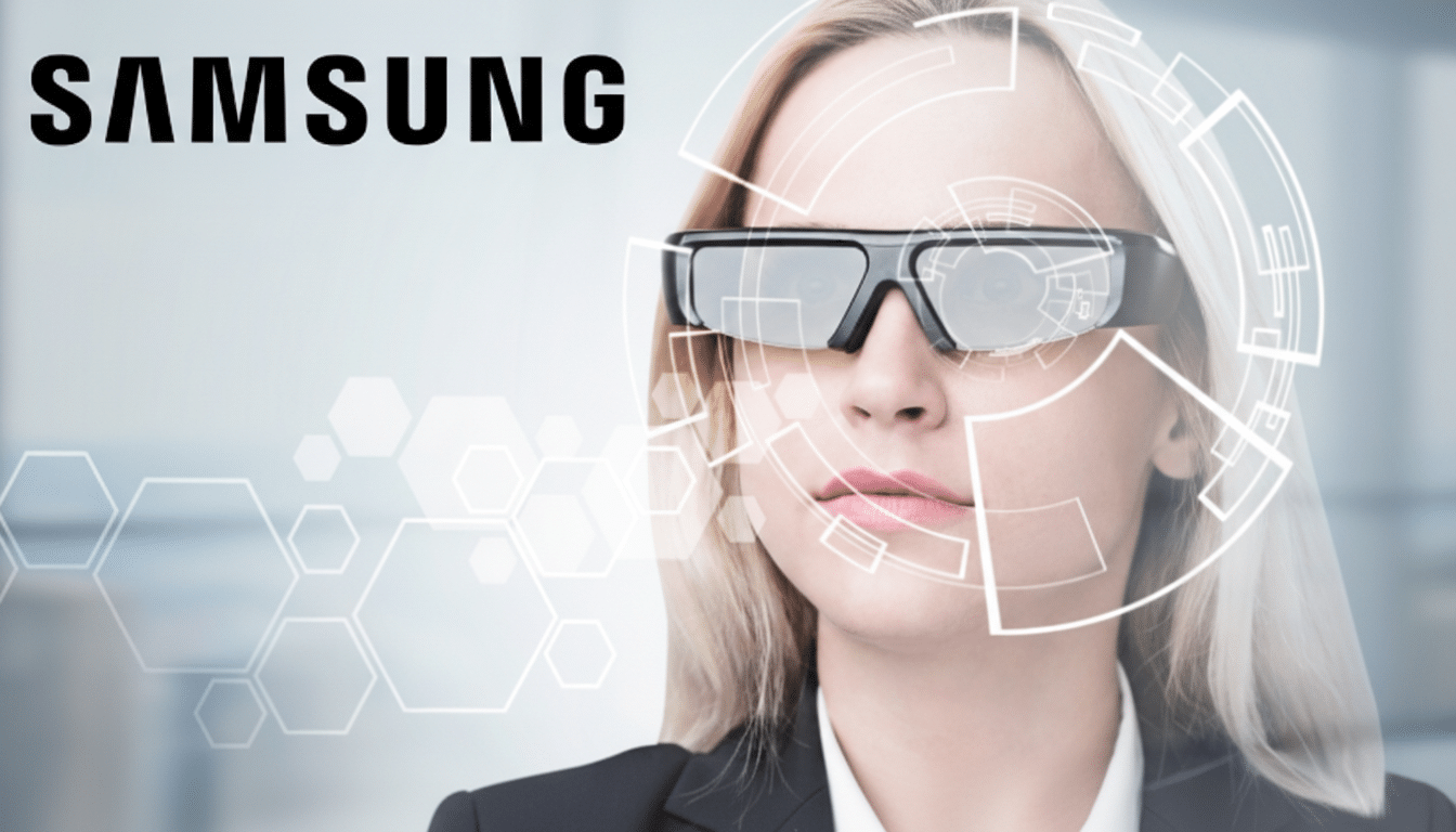 A woman wearing smart glasses with the Samsung logo in the top left corner, resized to a 16:9 aspect ratio.