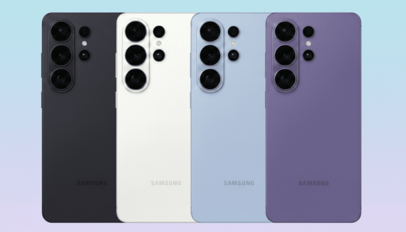 Four Samsung smartphones in black, white, light blue, and purple, arranged side-by-side on a gradient background.
