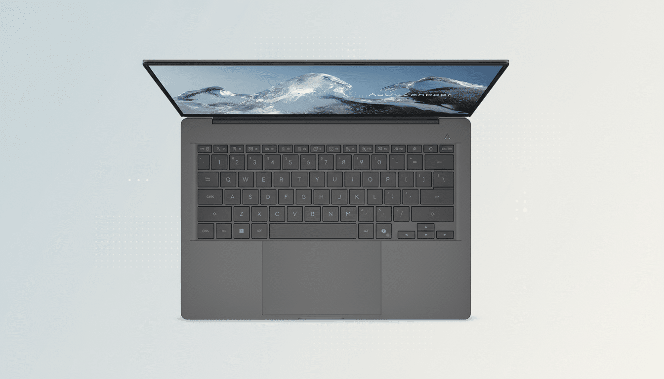 An overhead view of an open dark gray ASUS Zenbook laptop with a snowy mountain landscape on its screen, set against a light gray background with subtle white dot patterns.