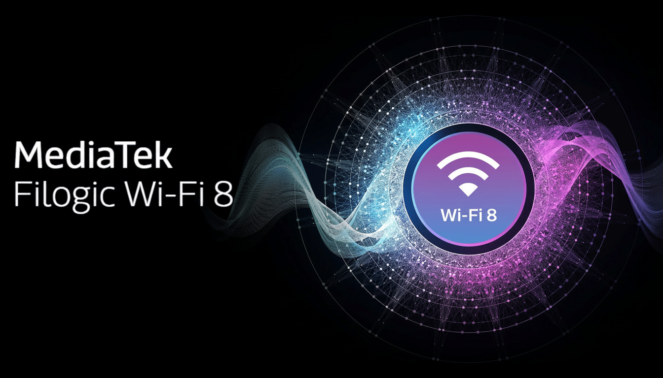 MediaTek Filogic Wi-Fi 8 logo with a Wi-Fi 8 icon in a circular design, surrounded by abstract lines and dots on a black background.