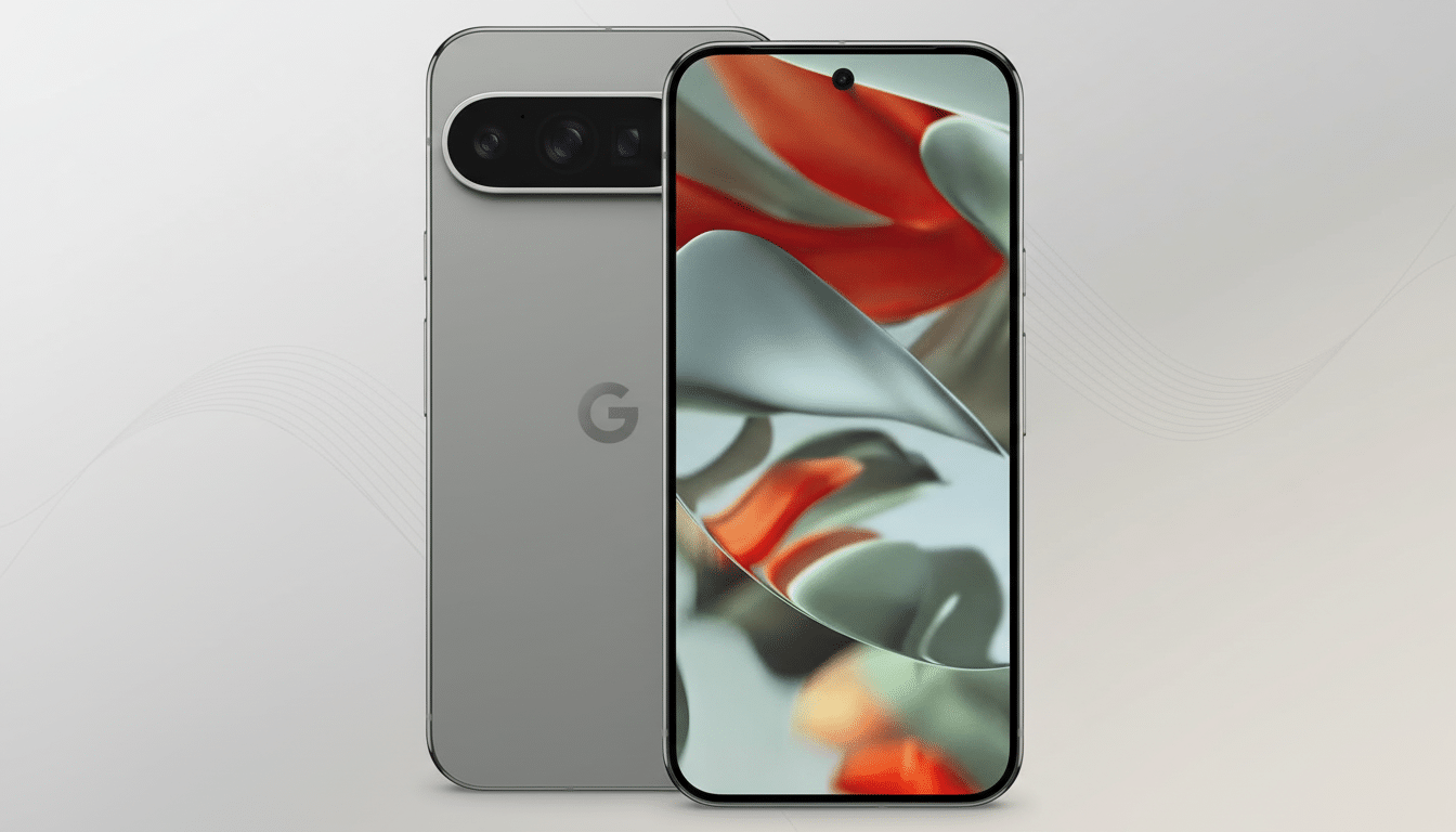 A Google Pixel smartphone, shown from the front and back, with a professional flat design background featuring soft patterns and gradients.